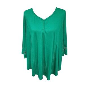 Avenue Plus Size Green Ribbed Henley Tunic Top with Lace‎ Detail 18 20 2X New